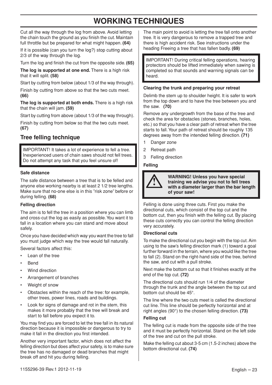 Working techniques, Tree felling technique | Husqvarna 135E User Manual | Page 23 / 382
