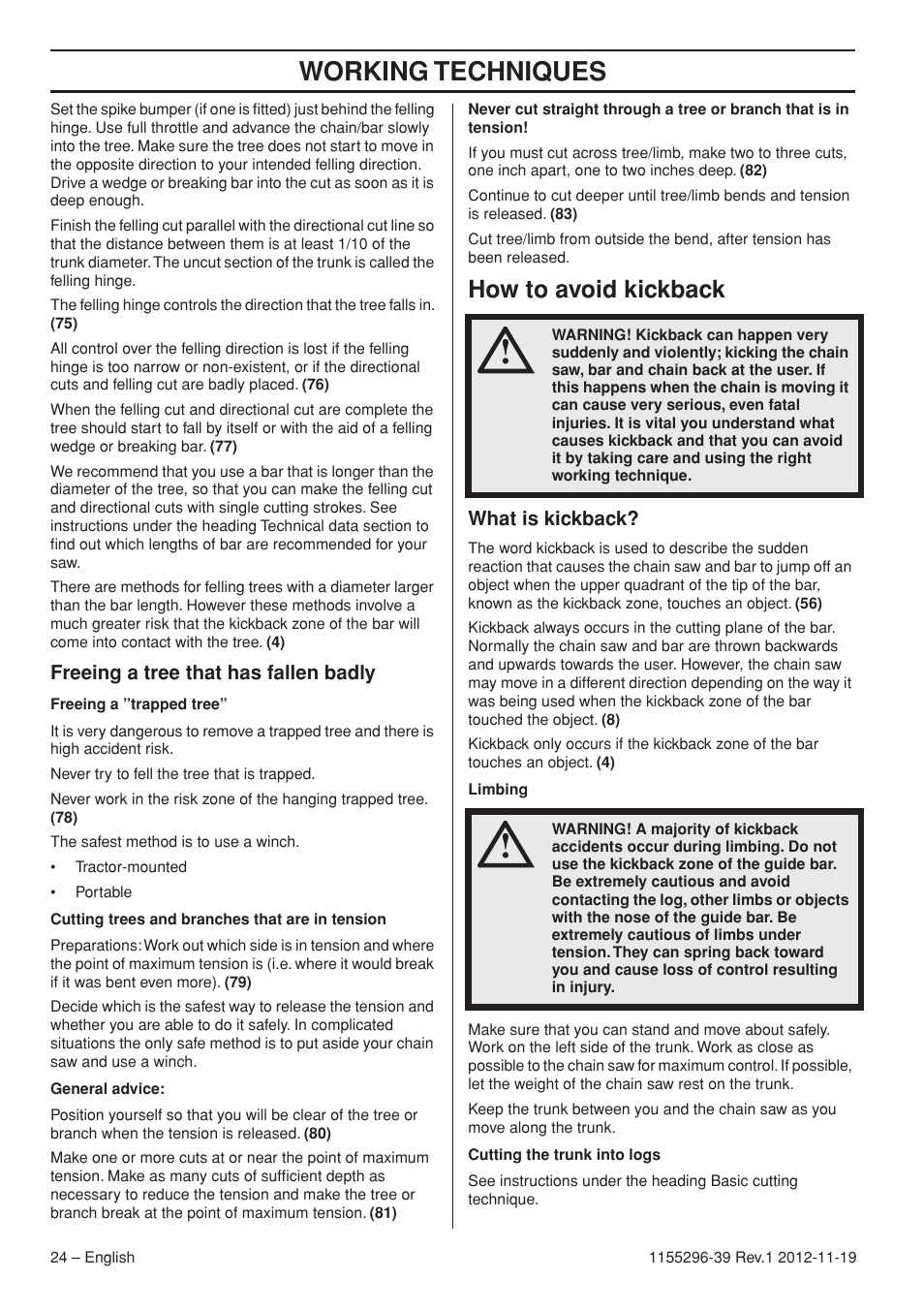 Working techniques, How to avoid kickback | Husqvarna 135E User Manual | Page 24 / 382