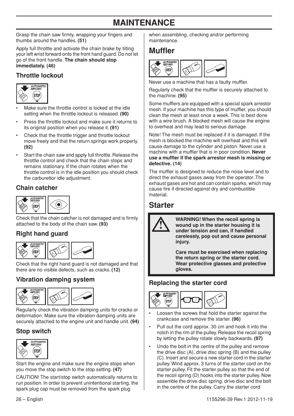 Maintenance, Muffler, Starter | Husqvarna 135E User Manual | Page 26 / 382
