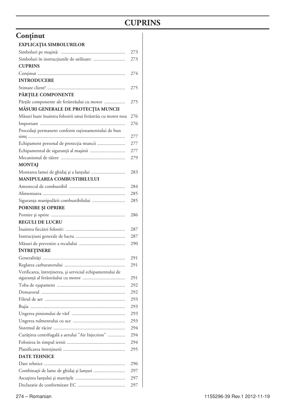 Cuprins, Conöinut | Husqvarna 135E User Manual | Page 274 / 382