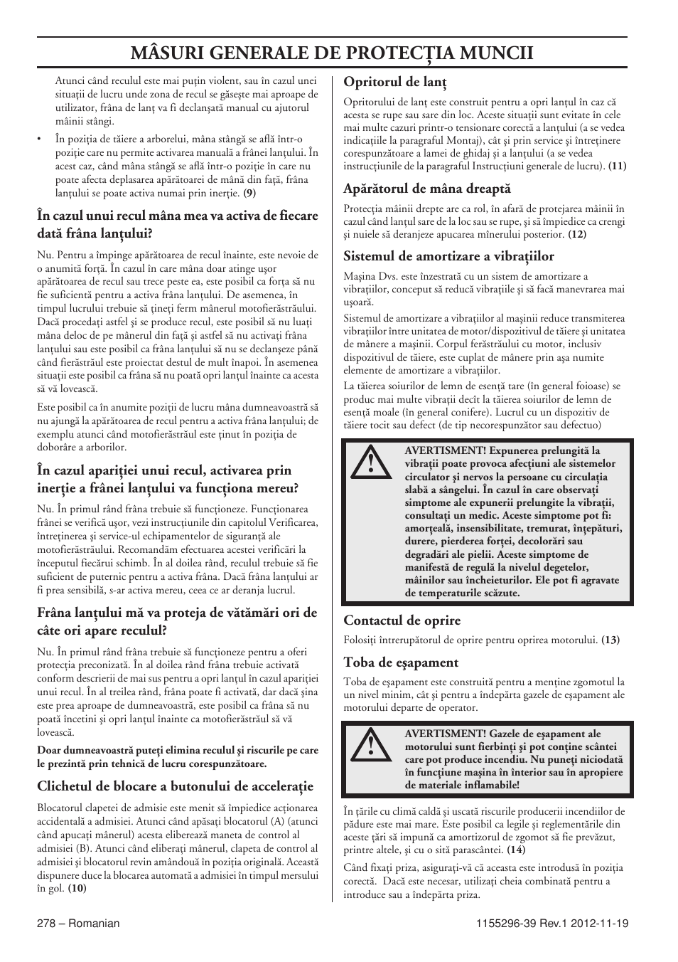 Mâsuri generale de protecöia muncii | Husqvarna 135E User Manual | Page 278 / 382
