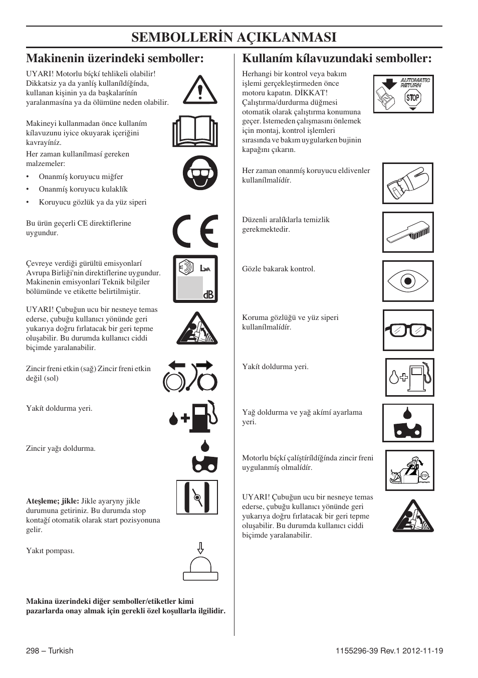 Semboller‹n açiklanmasi, Makinenin üzerindeki semboller, Kullaním kílavuzundaki semboller | Husqvarna 135E User Manual | Page 298 / 382