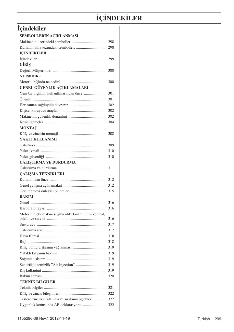 Ç‹ndek‹ler, Çindekiler | Husqvarna 135E User Manual | Page 299 / 382