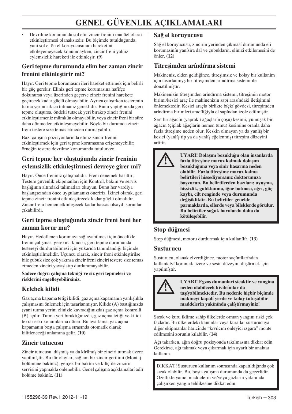 Genel güvenlik açiklamalari | Husqvarna 135E User Manual | Page 303 / 382