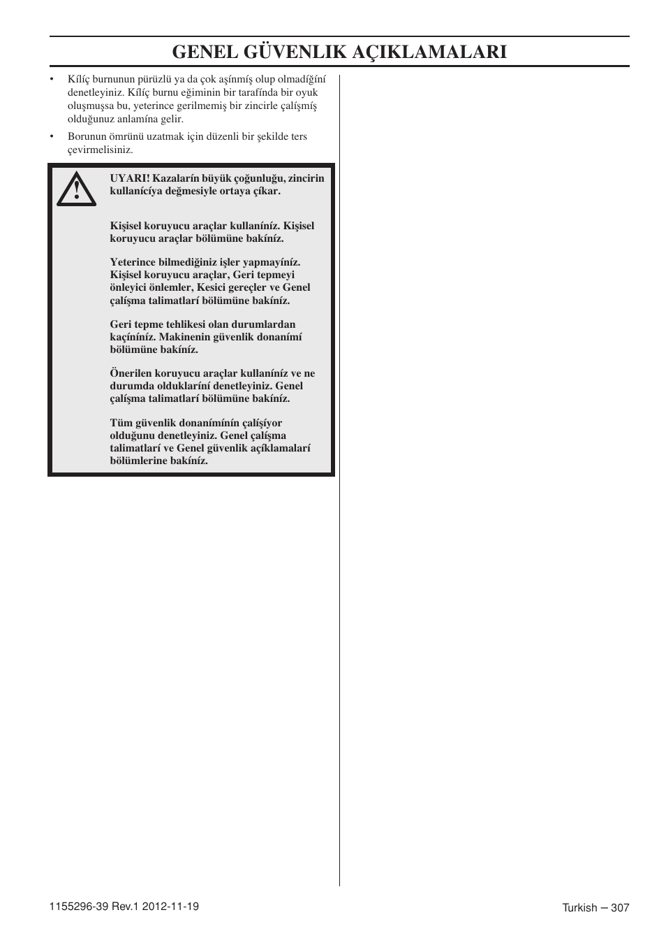 Genel güvenlik açiklamalari | Husqvarna 135E User Manual | Page 307 / 382