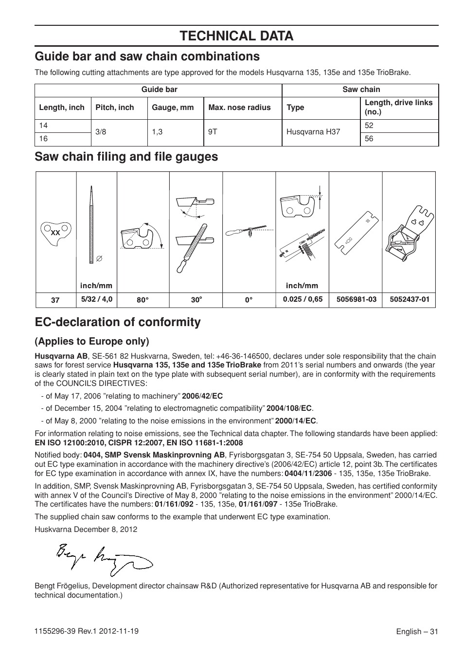 Technical data, Guide bar and saw chain combinations, Applies to europe only) | Husqvarna 135E User Manual | Page 31 / 382