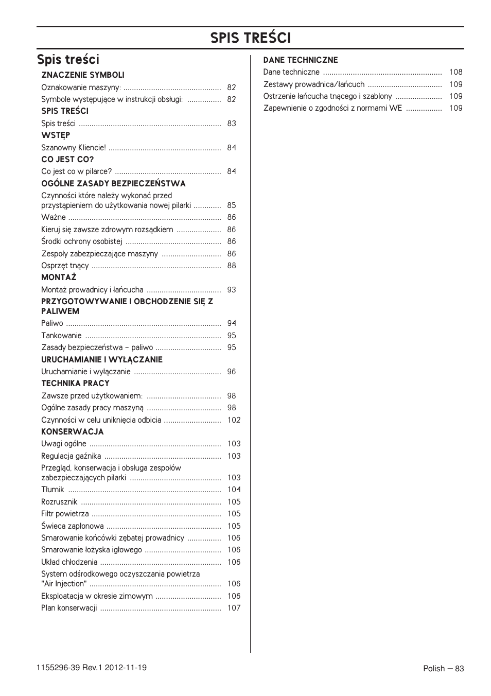 Spis treêci, Spis treâci | Husqvarna 135E User Manual | Page 83 / 382