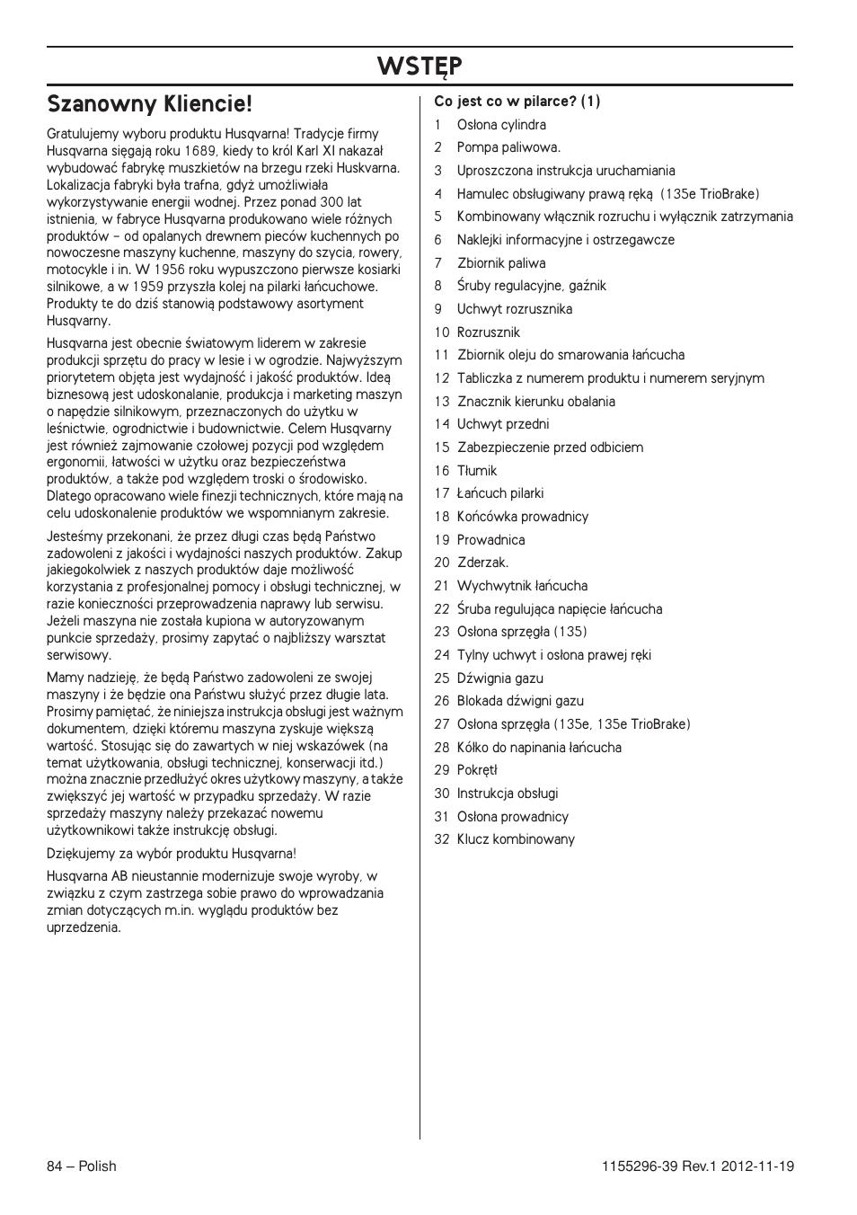 Szanowny kliencie, Wst¢p | Husqvarna 135E User Manual | Page 84 / 382