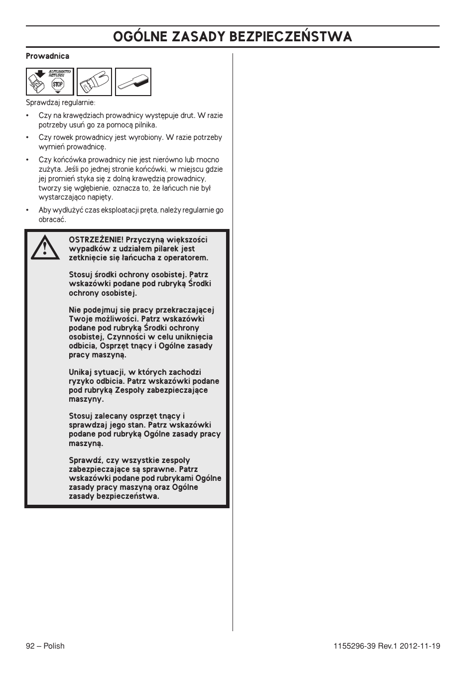 Ogólne zasady bezpiecze¡stwa | Husqvarna 135E User Manual | Page 92 / 382