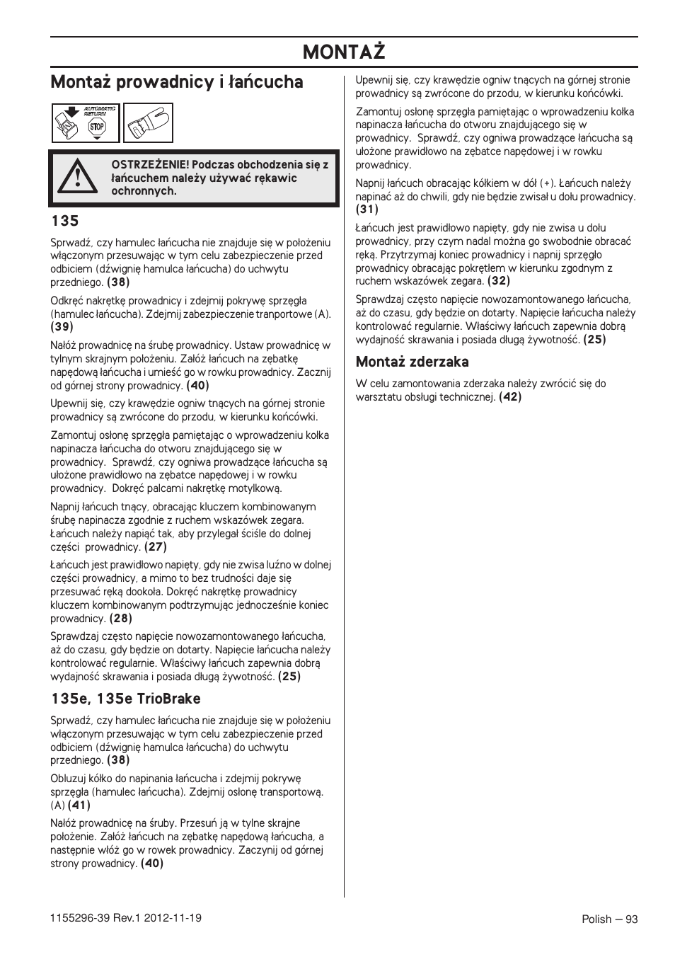 Monta˝ prowadnicy i ¸aƒcucha, 135e, 135e triobrake, Monta˝ zderzaka | Monta, Monta˝ prowadnicy i ∏aƒcucha | Husqvarna 135E User Manual | Page 93 / 382