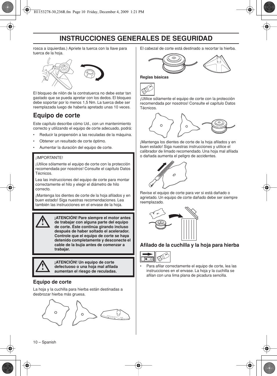 Equipo de corte, Afilado de la cuchilla y la hoja para hierba, Instrucciones generales de seguridad | Husqvarna 236 User Manual | Page 10 / 120