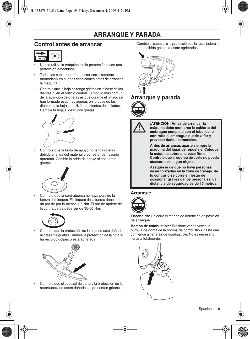 Control antes de arrancar, Arranque y parada, Arranque | Husqvarna 236 User Manual | Page 19 / 120