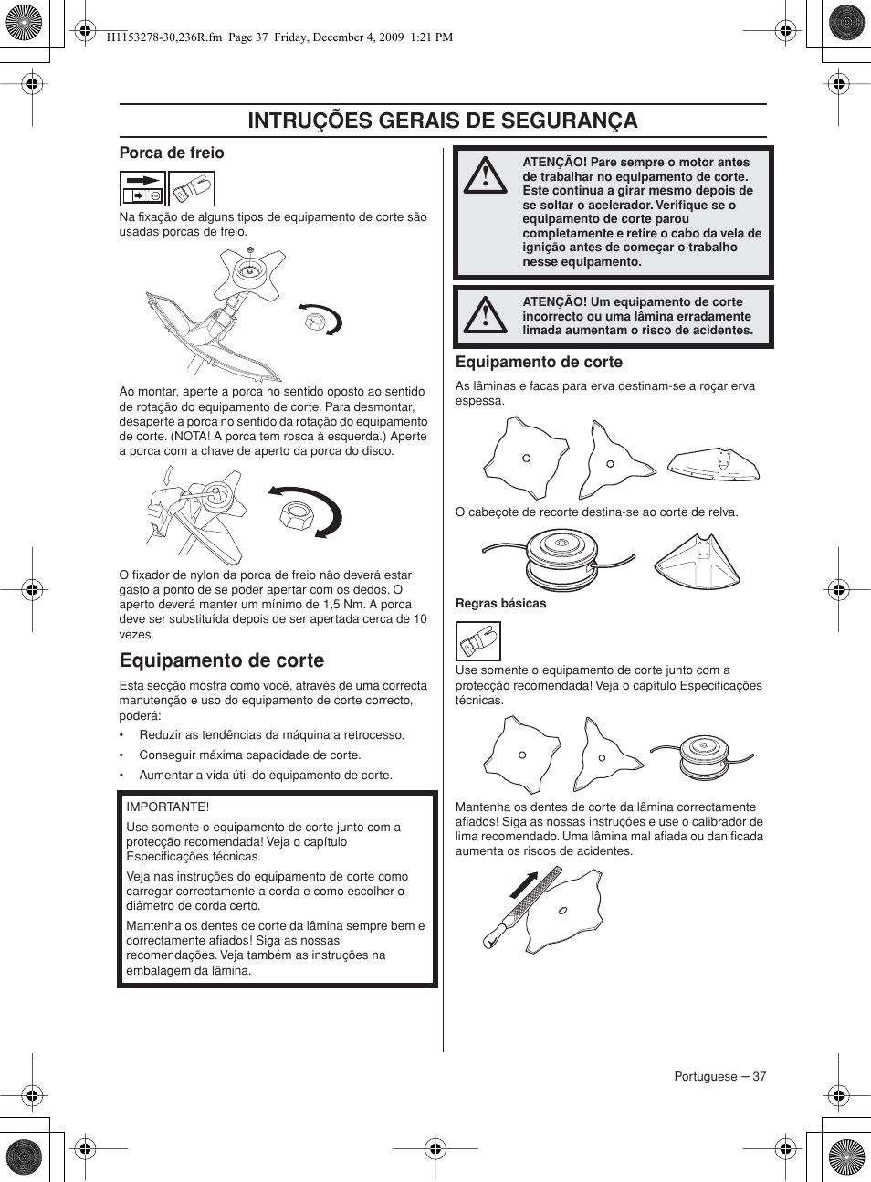 Porca de freio, Equipamento de corte, Intruções gerais de segurança | Husqvarna 236 User Manual | Page 37 / 120