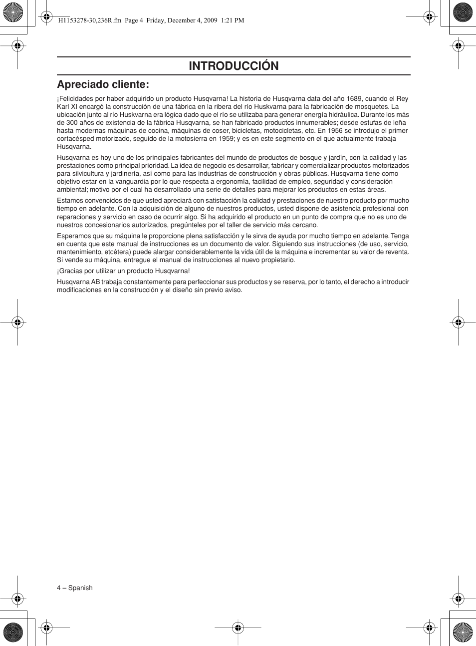 Apreciado cliente, Intr oducción, Apreciado c liente | Husqvarna 236 User Manual | Page 4 / 120