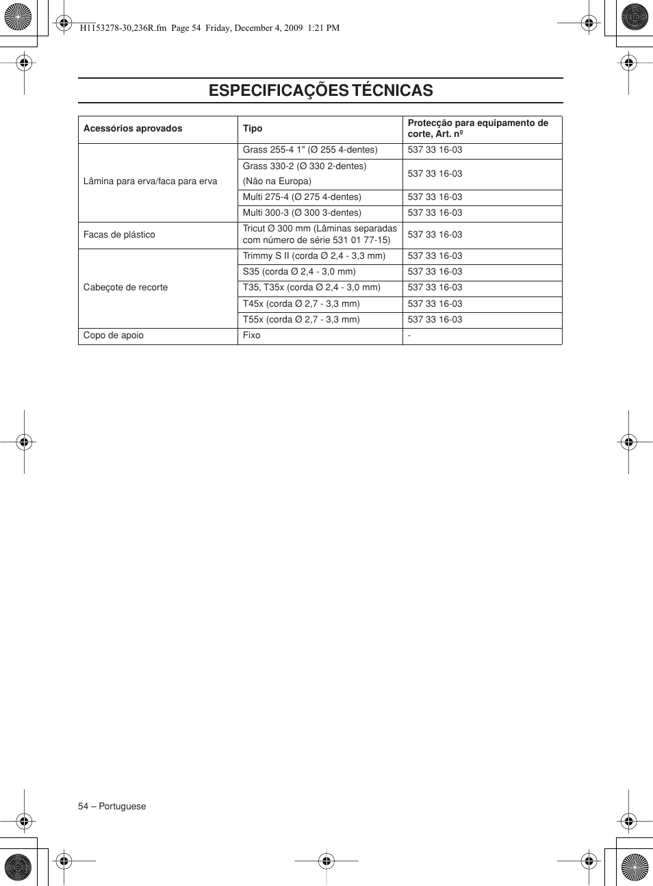 Especificações técnicas | Husqvarna 236 User Manual | Page 54 / 120