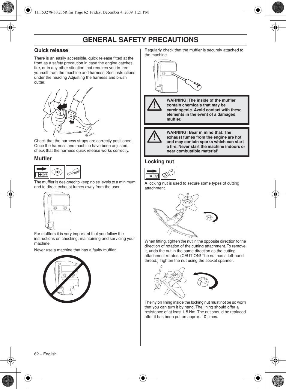 Quick release, Muffler, Locking nut | General safety precautions | Husqvarna 236 User Manual | Page 62 / 120