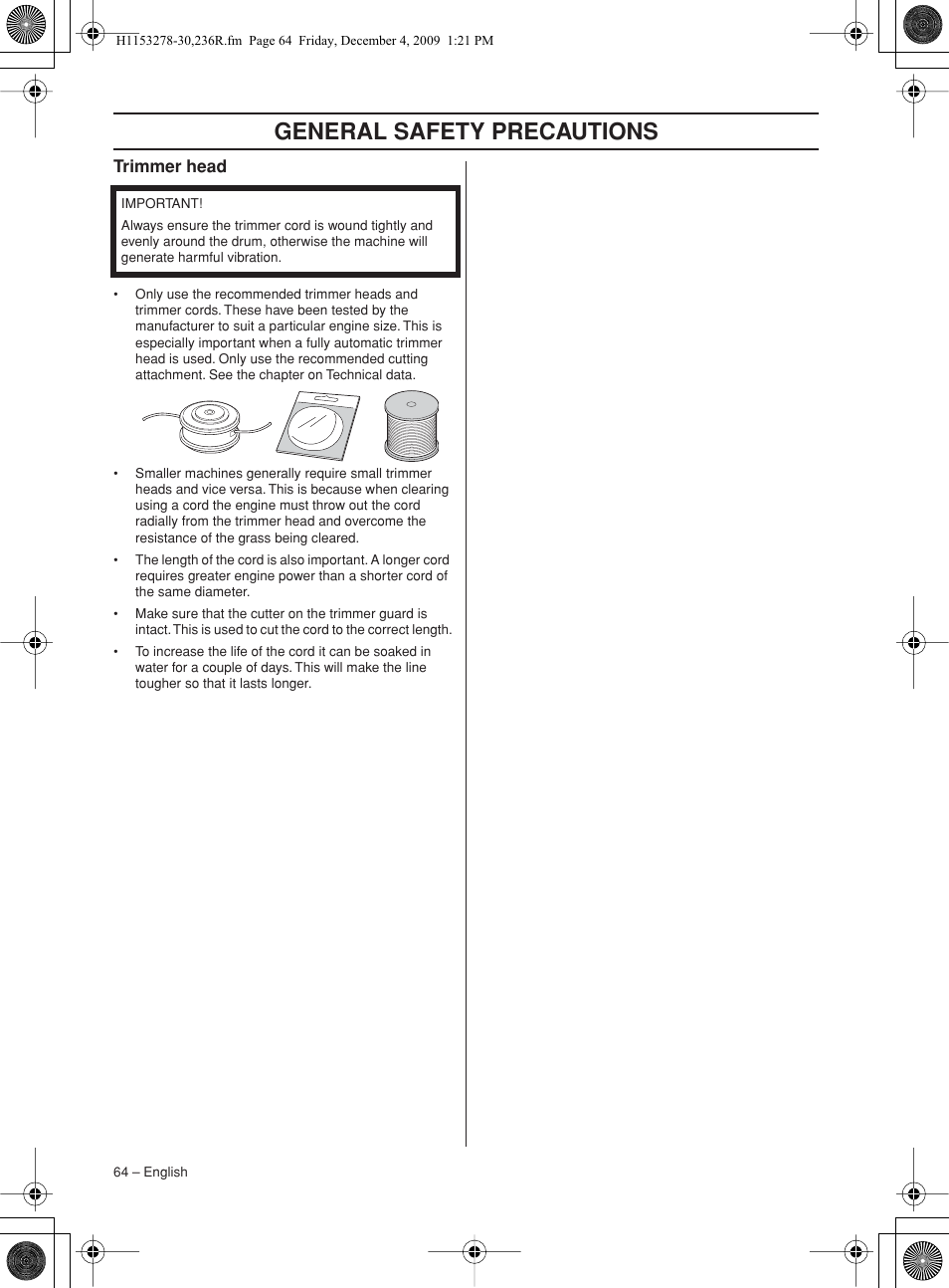 Trimmer head, General safety precautions | Husqvarna 236 User Manual | Page 64 / 120