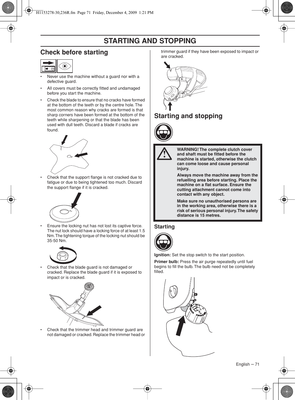 Check before starting, Starting and stopping, Starting | Husqvarna 236 User Manual | Page 71 / 120