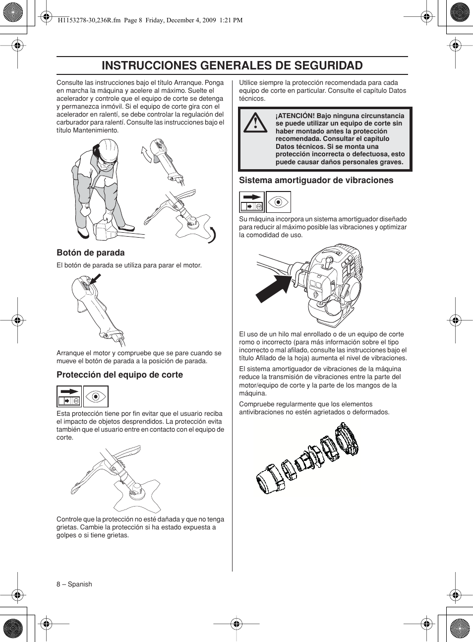 Botón de parada, Protección del equipo de corte, Sistema amortiguador de vibraciones | Instr ucciones generales de segurid ad | Husqvarna 236 User Manual | Page 8 / 120