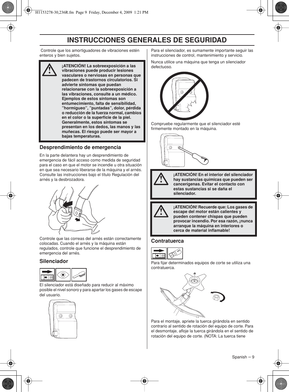 Desprendimiento de emergencia, Silenciador, Contratuerca | Instr ucciones generales de segurid ad | Husqvarna 236 User Manual | Page 9 / 120