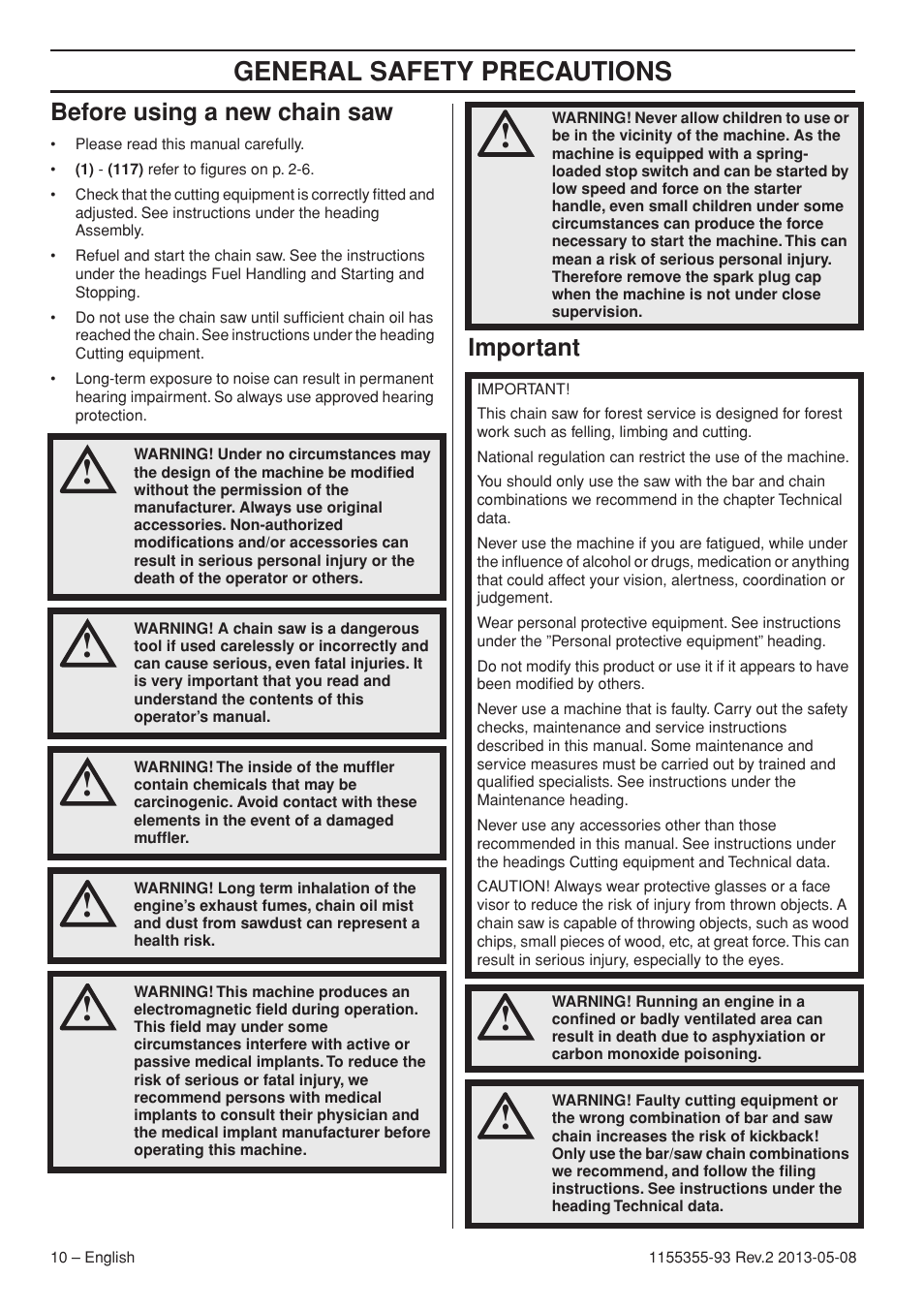 General safety precautions, Before using a new chain saw, Important | Husqvarna 440eII User Manual | Page 10 / 366