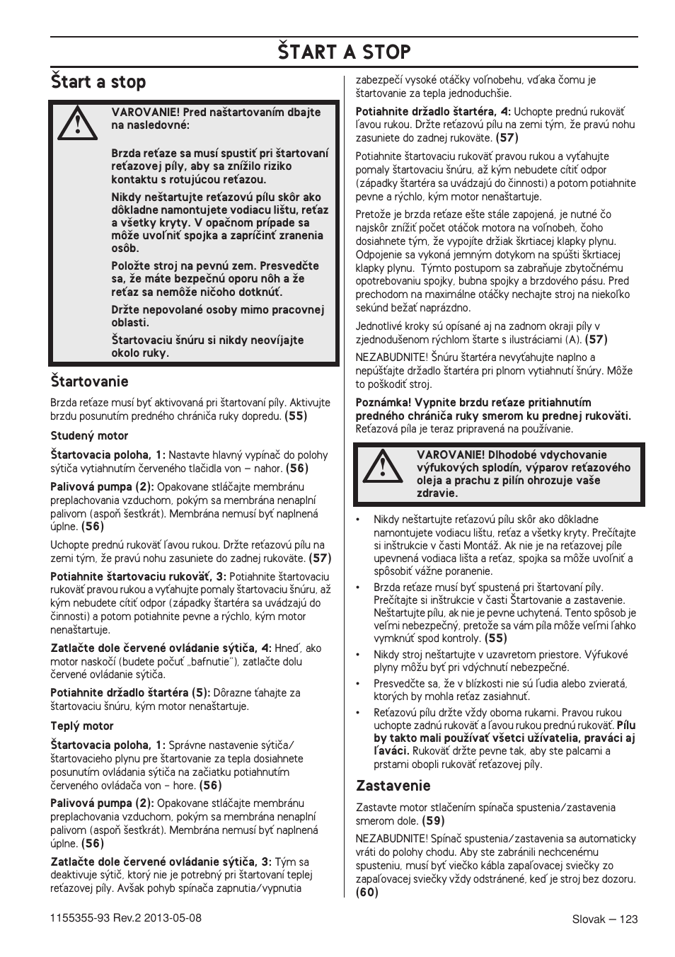 Tart a stop, Tartovanie, Zastavenie | Husqvarna 440eII User Manual | Page 123 / 366