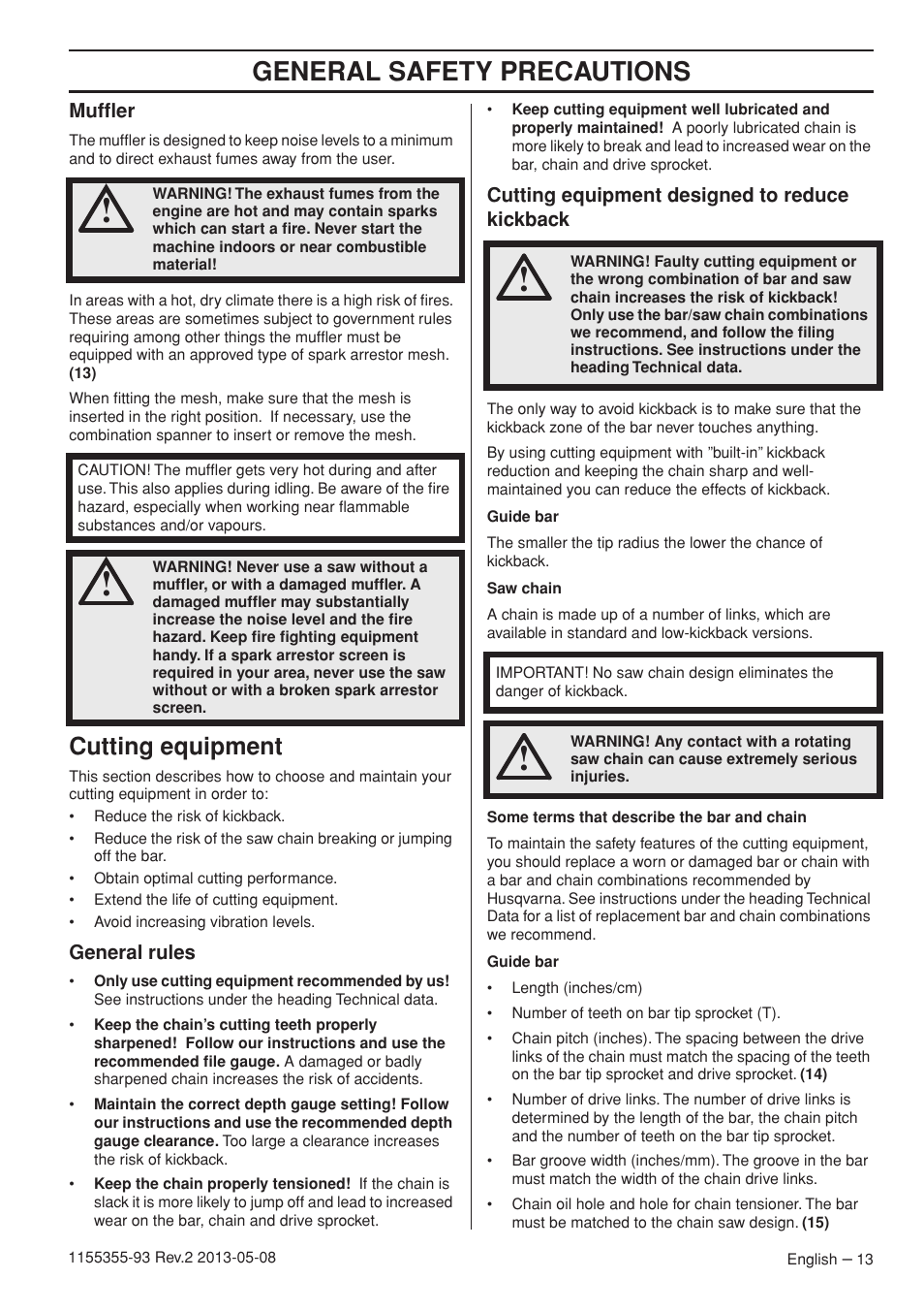 General safety precautions, Cutting equipment | Husqvarna 440eII User Manual | Page 13 / 366