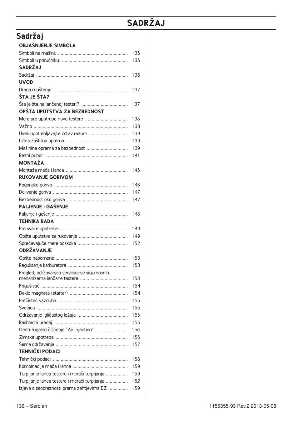 Sadrïaj, Sadrîaj | Husqvarna 440eII User Manual | Page 136 / 366