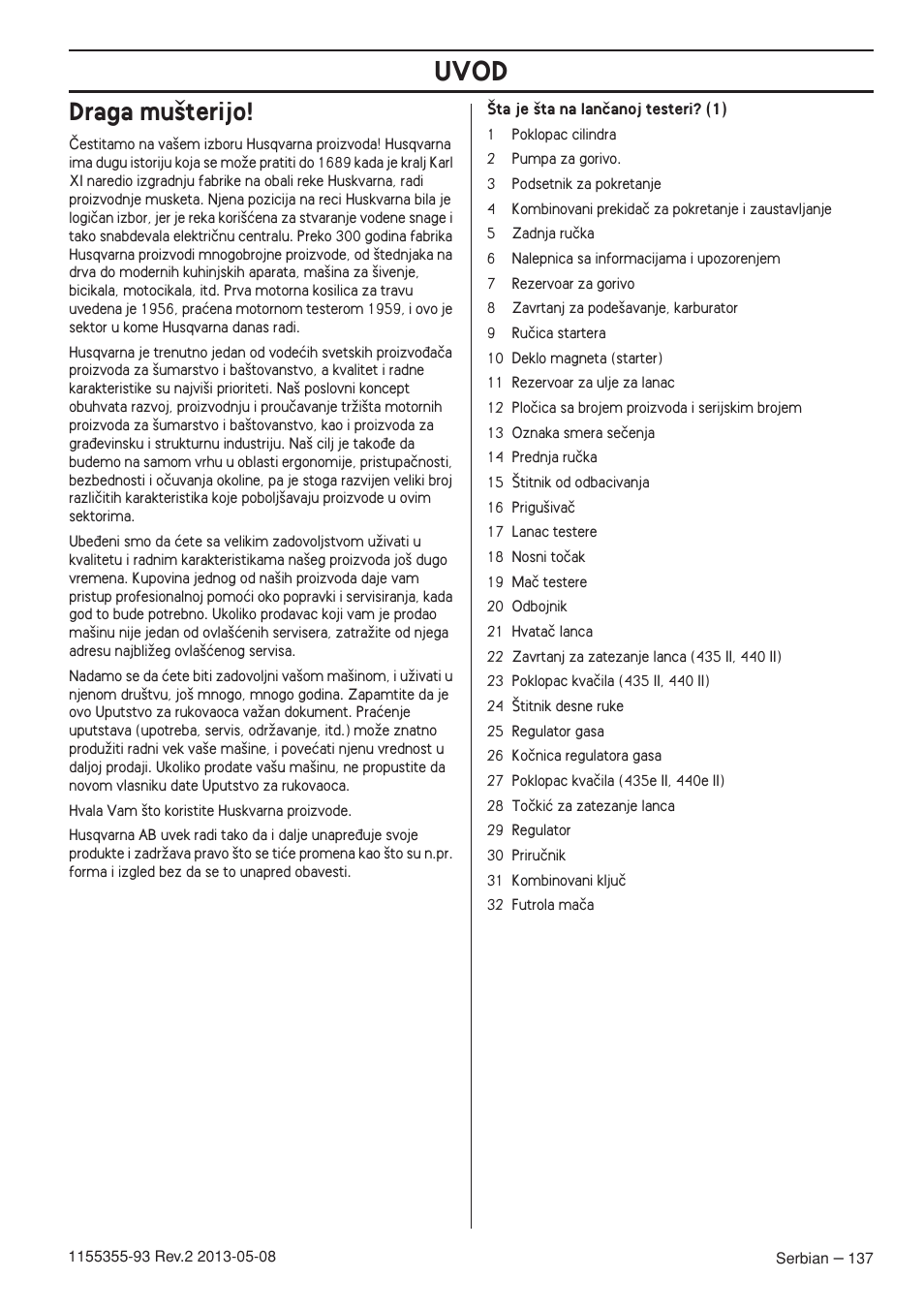 Draga mu‰terijo, Uvod | Husqvarna 440eII User Manual | Page 137 / 366