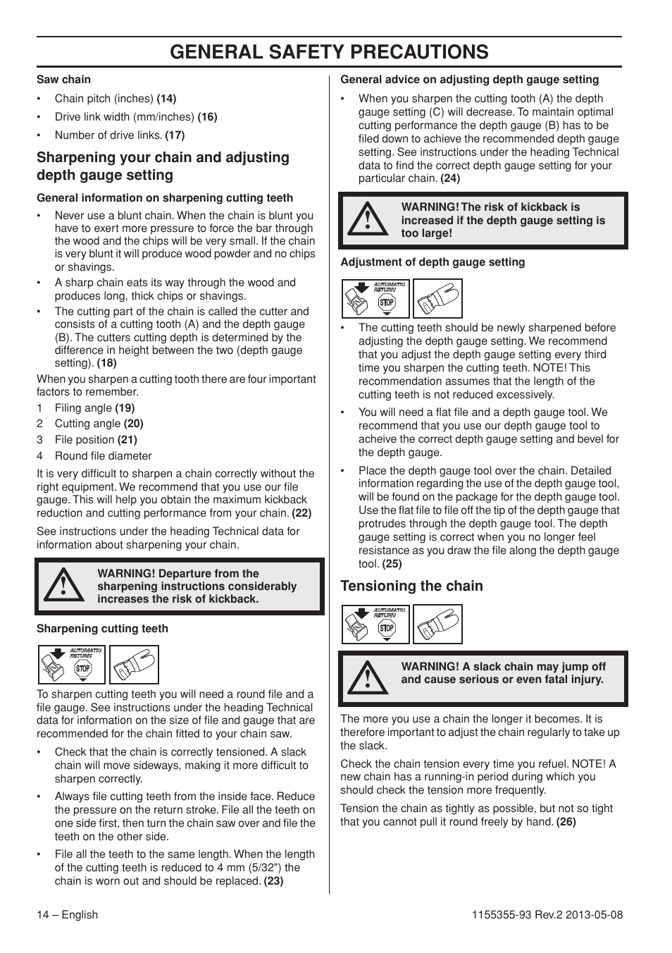 General safety precautions, Tensioning the chain | Husqvarna 440eII User Manual | Page 14 / 366