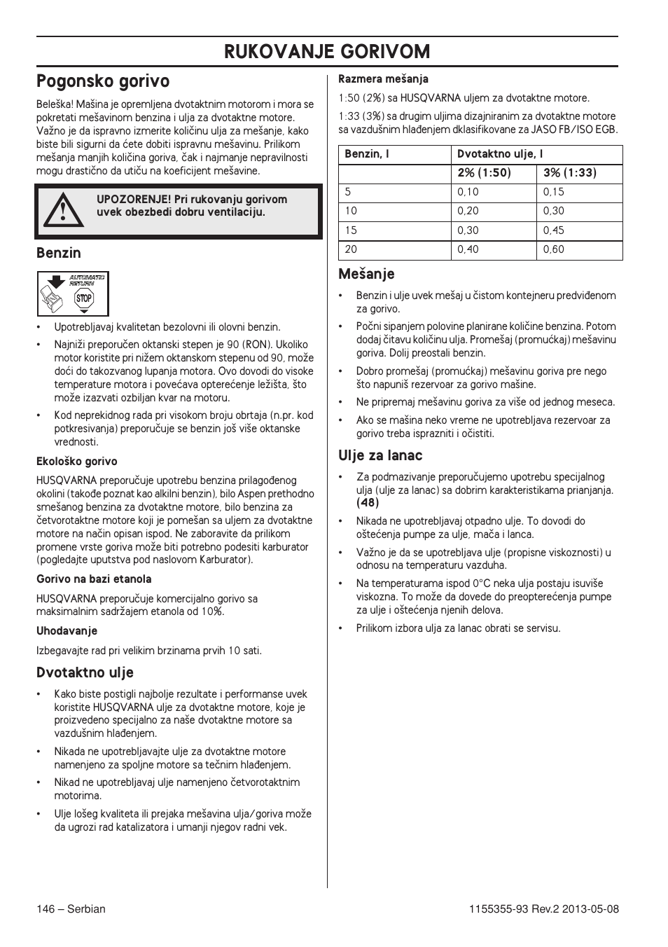 Pogonsko gorivo, Benzin, Dvotaktno ulje | Me‰anje, Ulje za lanac, Rukovanje gorivom | Husqvarna 440eII User Manual | Page 146 / 366