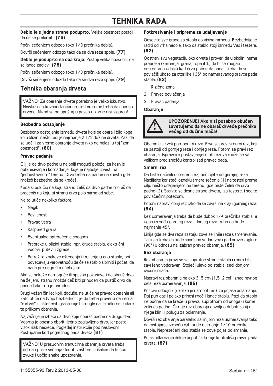 Tehnika obaranja drveta, Tehnika rada | Husqvarna 440eII User Manual | Page 151 / 366