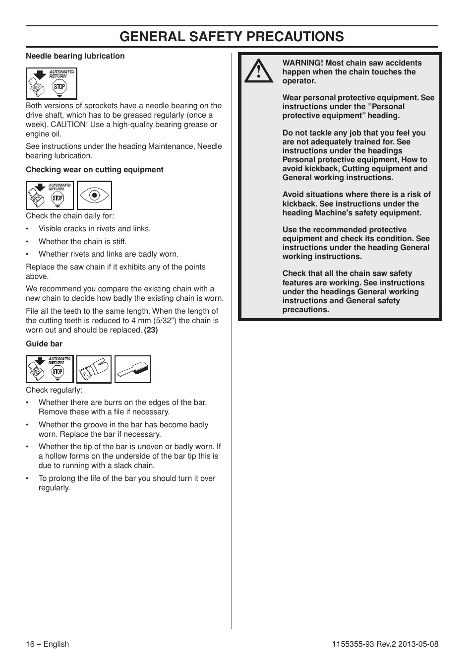 General safety precautions | Husqvarna 440eII User Manual | Page 16 / 366