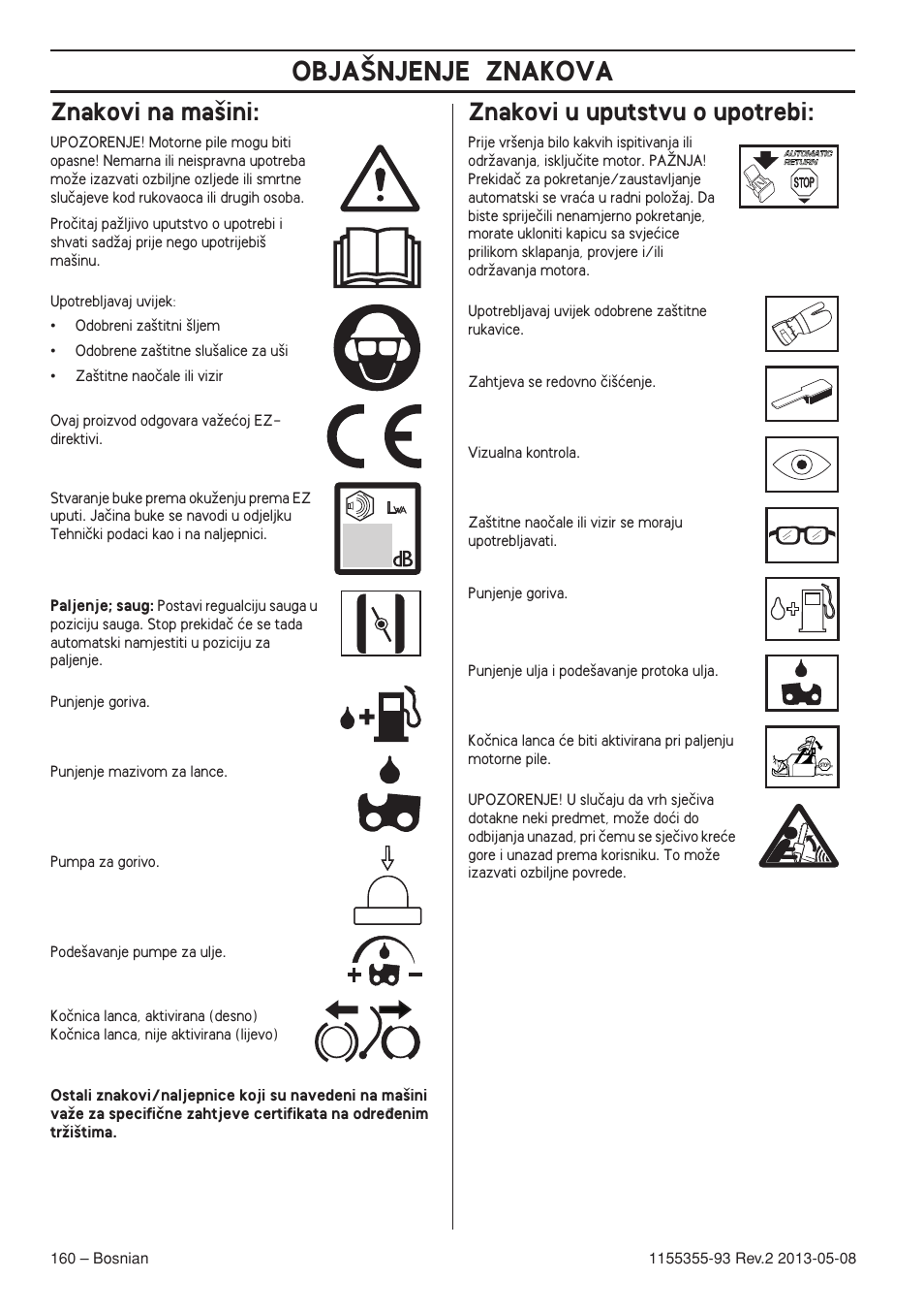 Znakovi na ma‰ini, Znakovi u uputstvu o upotrebi, Obja·njenje znakova | Husqvarna 440eII User Manual | Page 160 / 366