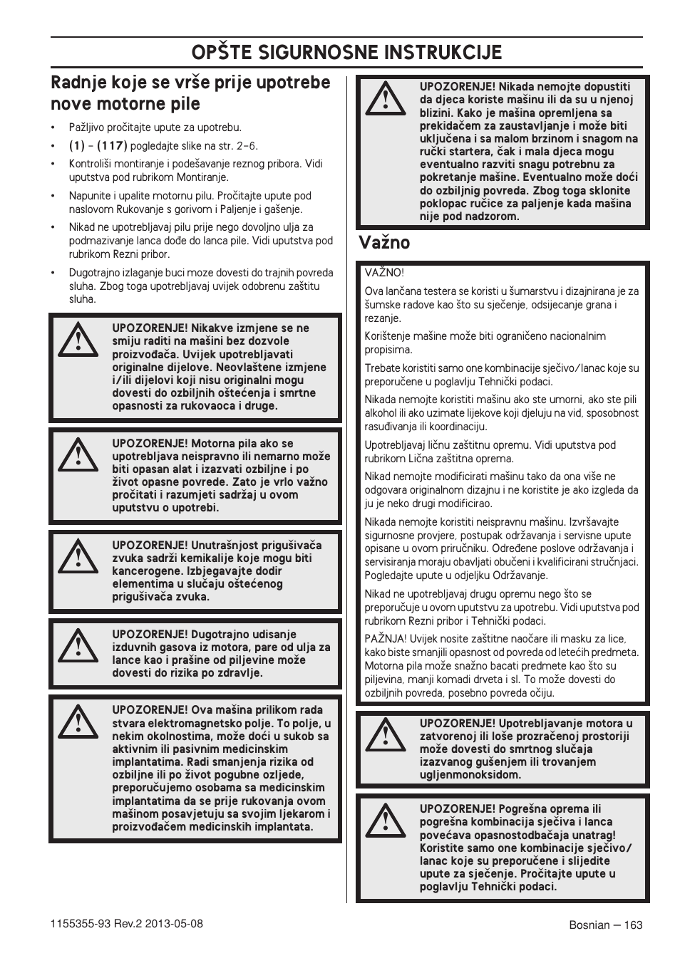 Vaïno, Op·te sigurnosne instrukcije | Husqvarna 440eII User Manual | Page 163 / 366