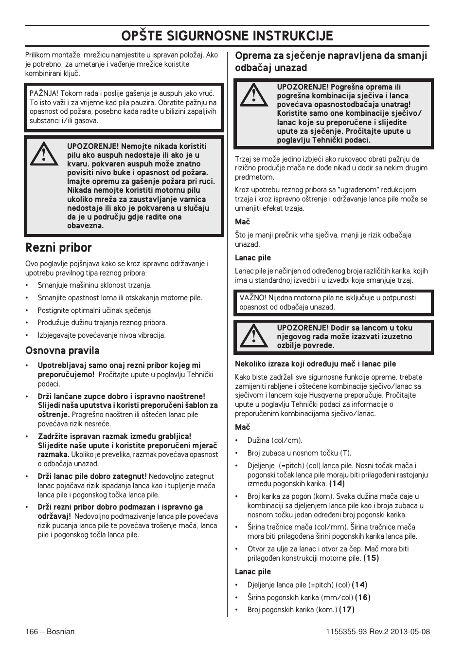 Rezni pribor, Osnovna pravila, Op·te sigurnosne instrukcije | Husqvarna 440eII User Manual | Page 166 / 366