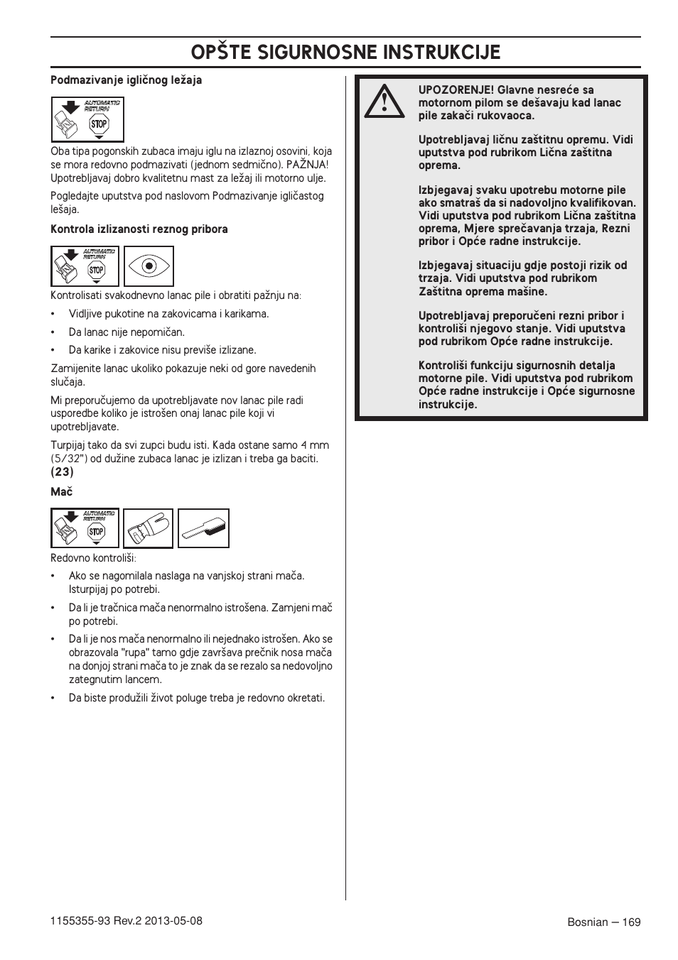 Op·te sigurnosne instrukcije | Husqvarna 440eII User Manual | Page 169 / 366