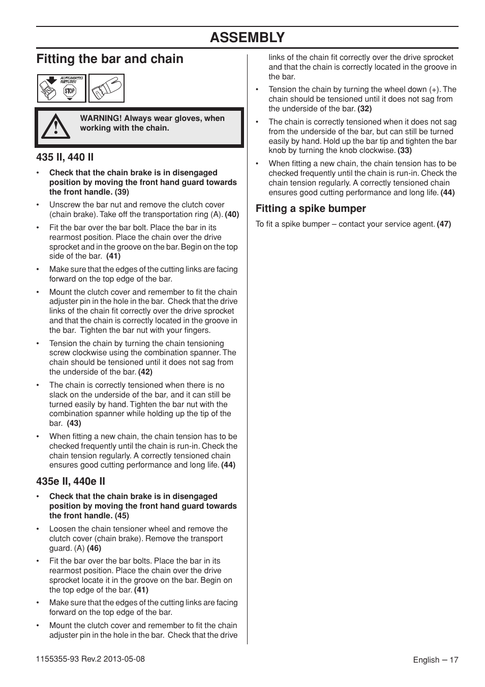 Assembly, Fitting the bar and chain, Fitting a spike bumper | Husqvarna 440eII User Manual | Page 17 / 366