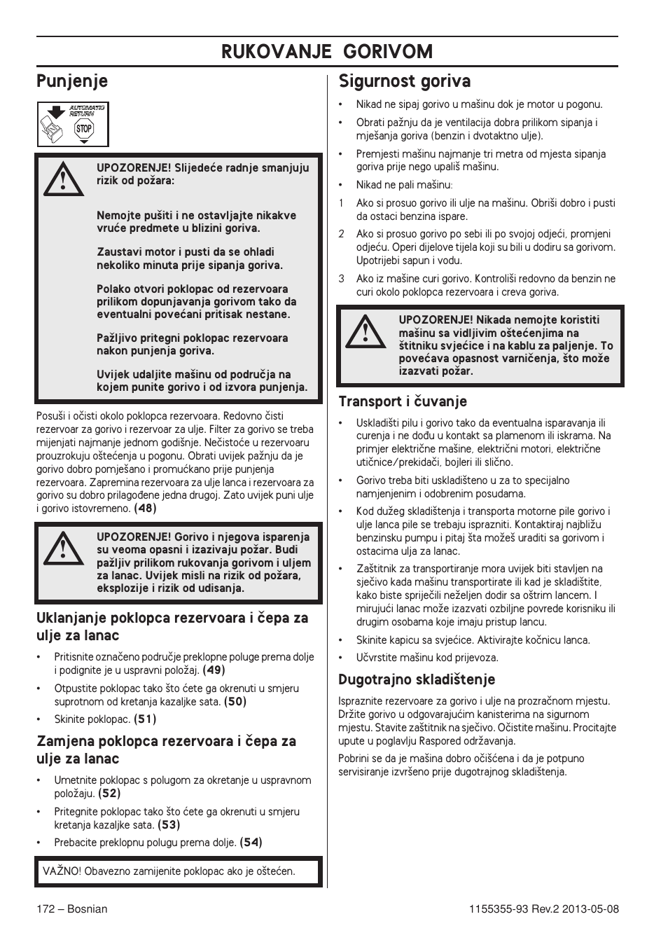 Punjenje, Sigurnost goriva, Transport i ãuvanje | Dugotrajno skladi‰tenje, Rukovanje gorivom | Husqvarna 440eII User Manual | Page 172 / 366