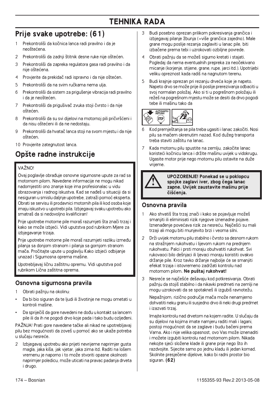 Prije svake upotrebe: (61), Op‰te radne instrukcije, Osnovna sigurnosna pravila | Osnovna pravila, Tehnika rada | Husqvarna 440eII User Manual | Page 174 / 366