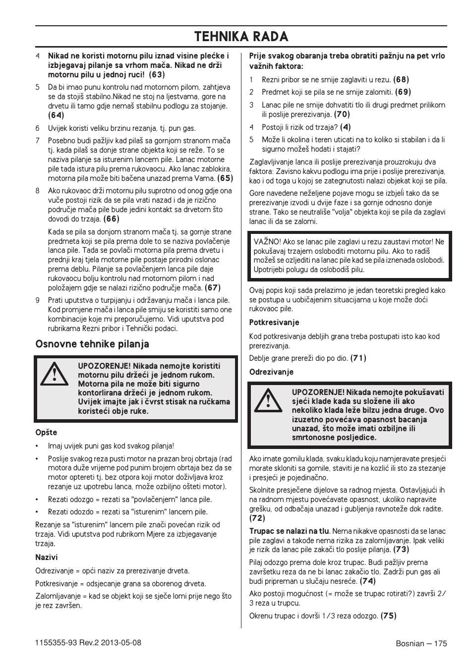 Osnovne tehnike pilanja, Tehnika rada | Husqvarna 440eII User Manual | Page 175 / 366