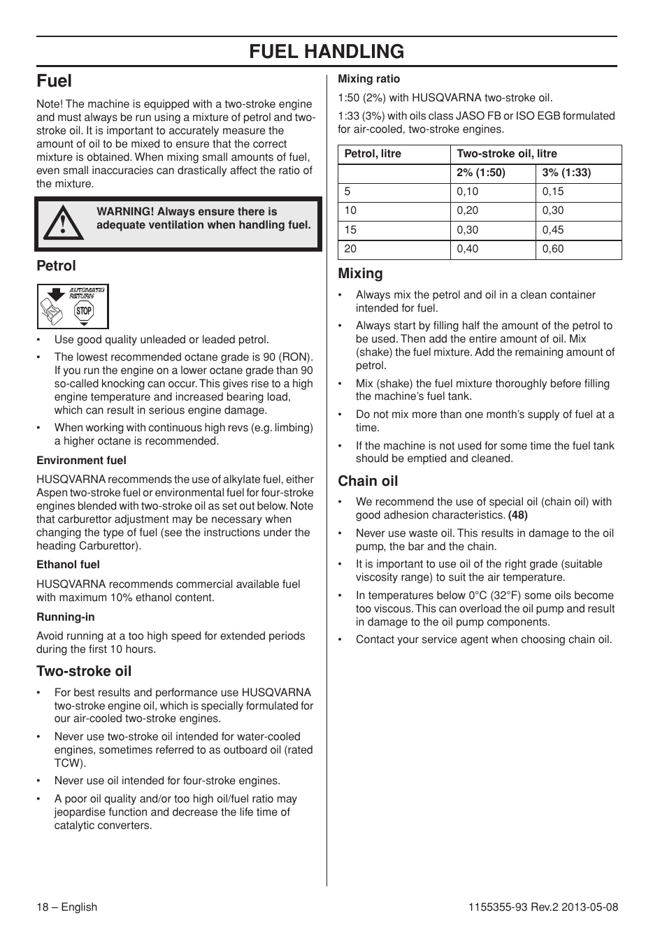 Fuel handling, Fuel, Petrol | Two-stroke oil, Mixing, Chain oil | Husqvarna 440eII User Manual | Page 18 / 366