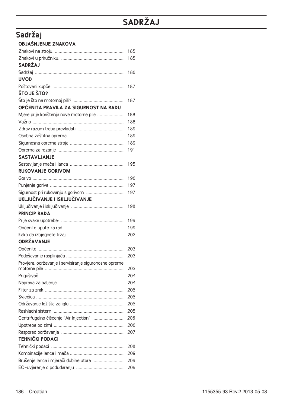 Sadrïaj, Sadrîaj | Husqvarna 440eII User Manual | Page 186 / 366