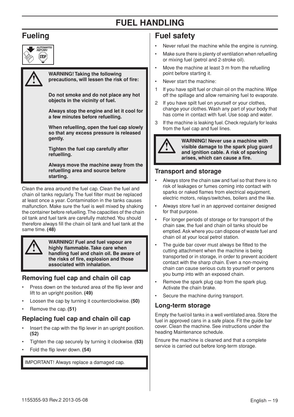 Fuel handling, Fueling, Fuel safety | Husqvarna 440eII User Manual | Page 19 / 366