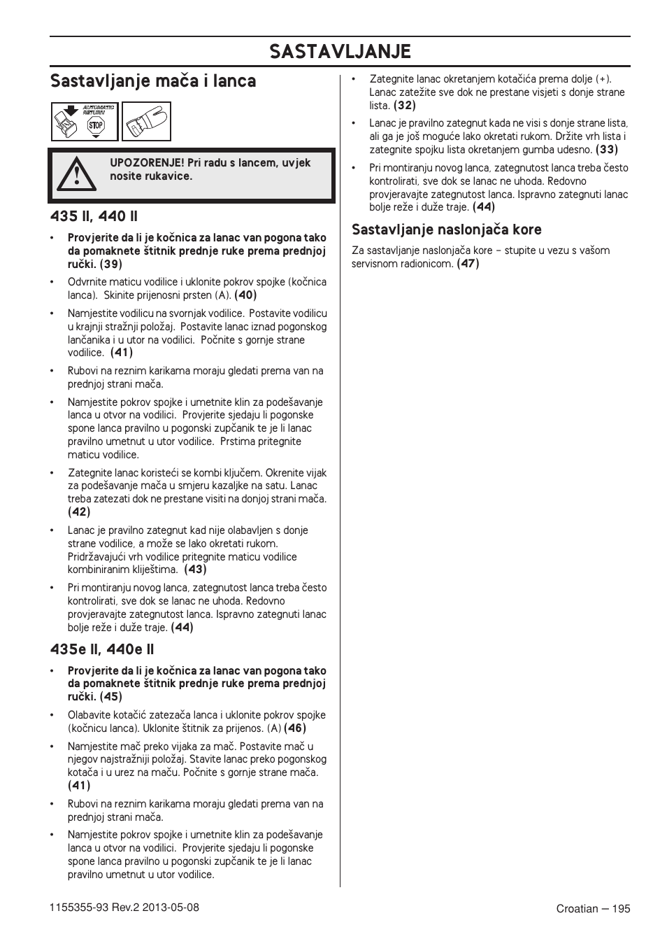 Sastavljanje maãa i lanca, 435 ii, 440 ii, 435e ii, 440e ii | Sastavljanje naslonjaãa kore, Sastavljanje | Husqvarna 440eII User Manual | Page 195 / 366