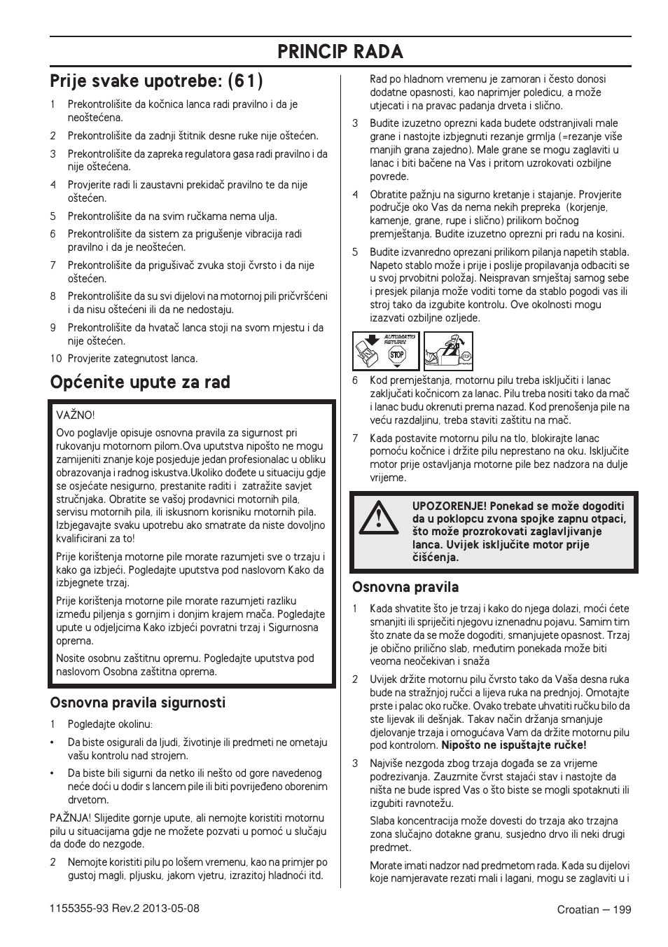 Prije svake upotrebe: (61), Opçenite upute za rad, Osnovna pravila sigurnosti | Osnovna pravila, Princip rada | Husqvarna 440eII User Manual | Page 199 / 366