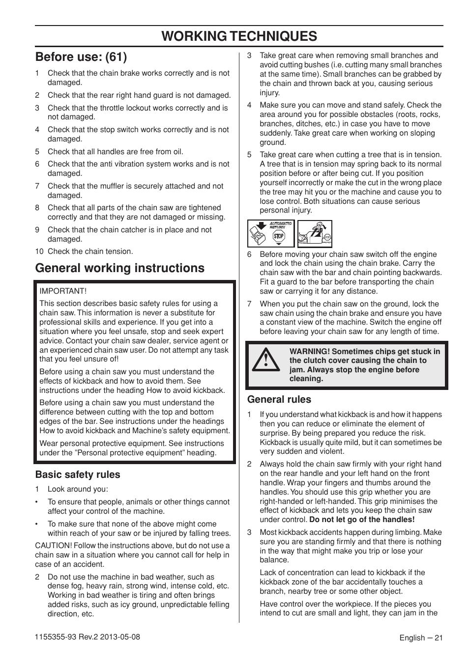 Working techniques, Before use: (61), General working instructions | Basic safety rules, General rules | Husqvarna 440eII User Manual | Page 21 / 366