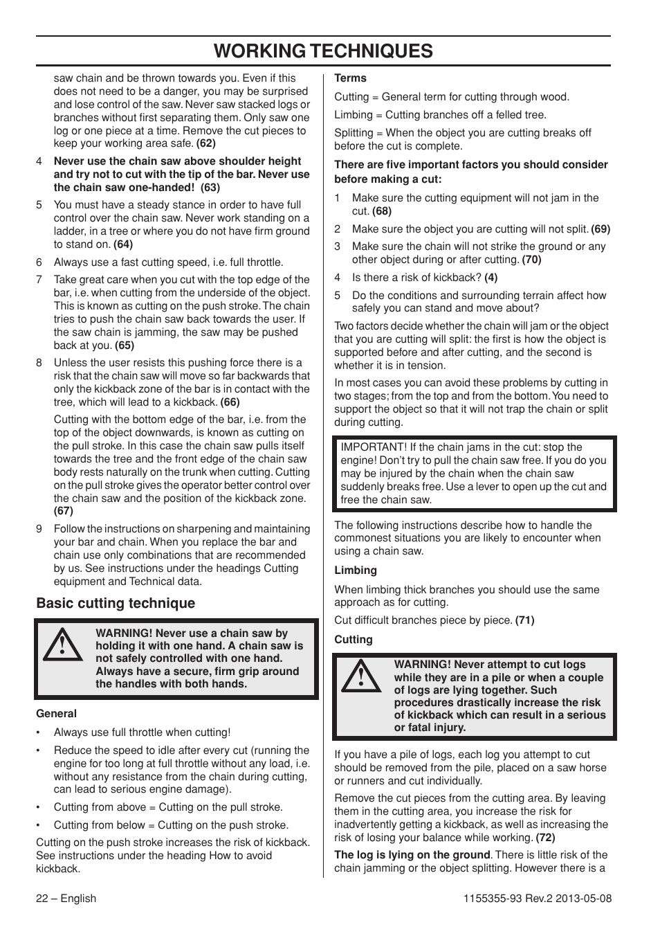 Working techniques, Basic cutting technique | Husqvarna 440eII User Manual | Page 22 / 366