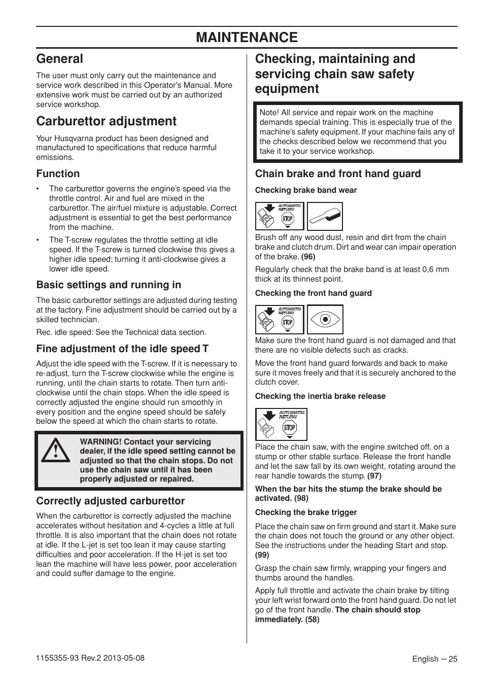 Maintenance, General, Carburettor adjustment | Husqvarna 440eII User Manual | Page 25 / 366