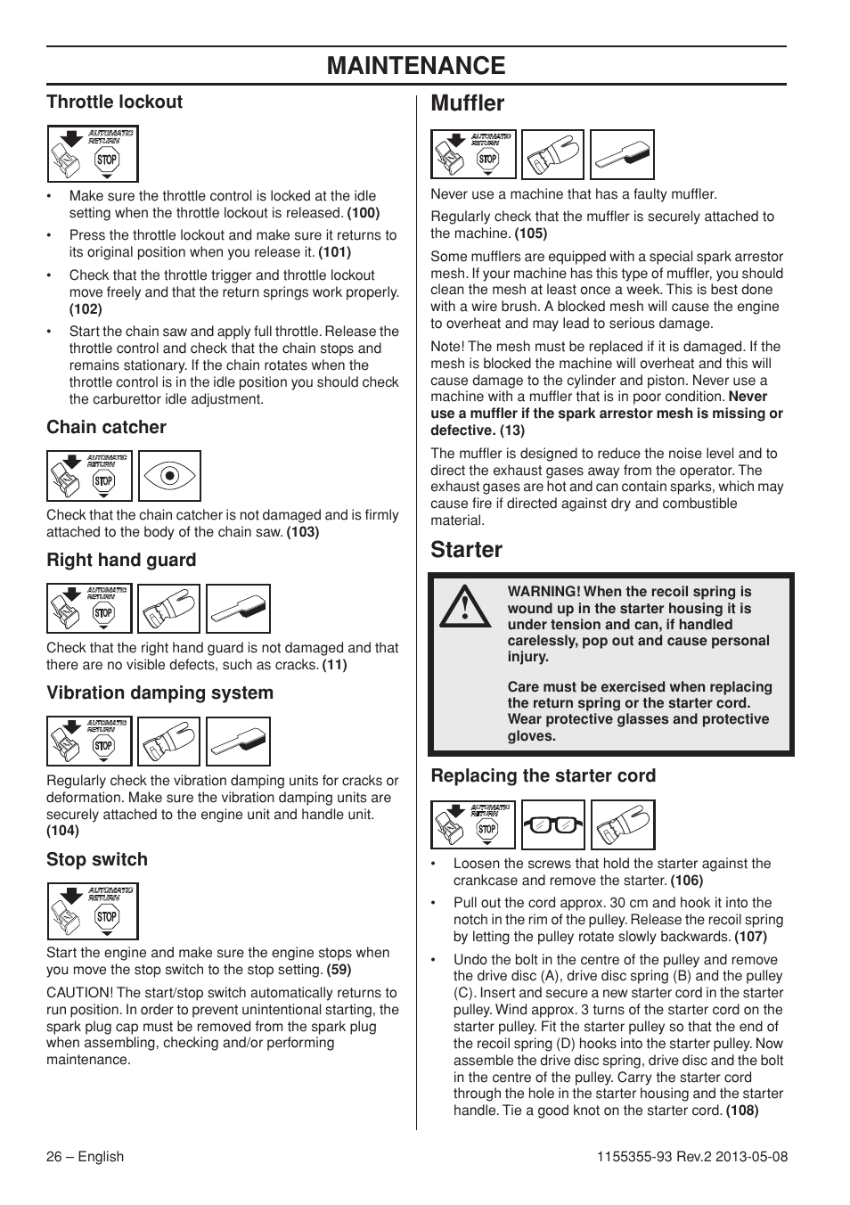Maintenance, Muffler, Starter | Husqvarna 440eII User Manual | Page 26 / 366